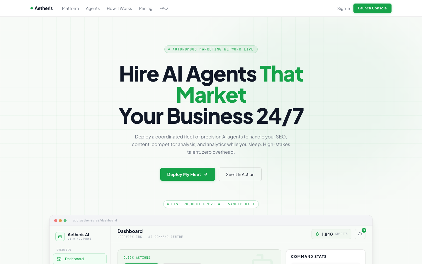 Aetheris homepage screenshot