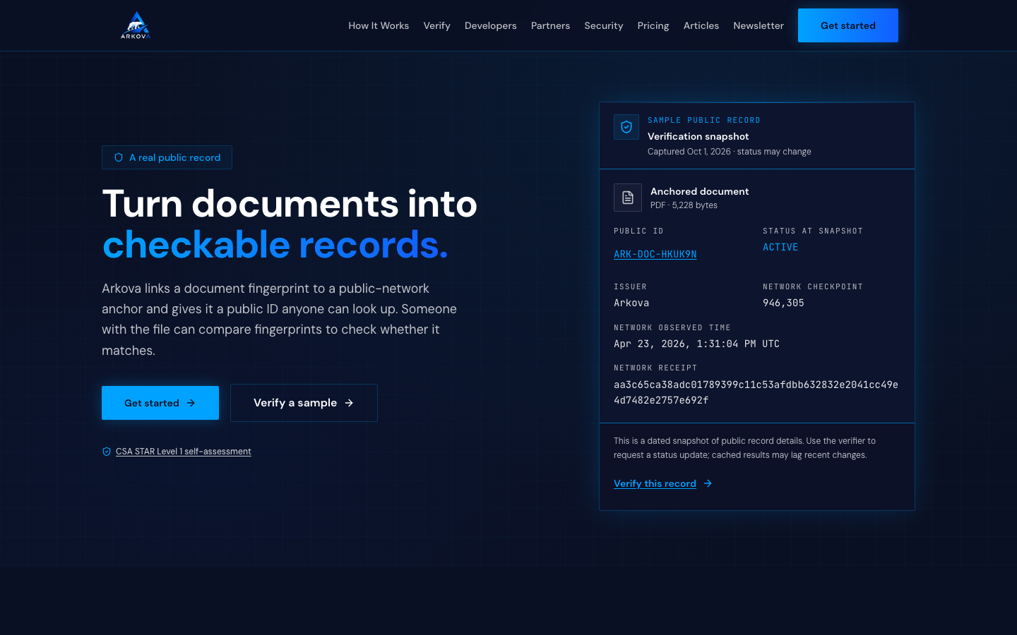 Arkova homepage screenshot