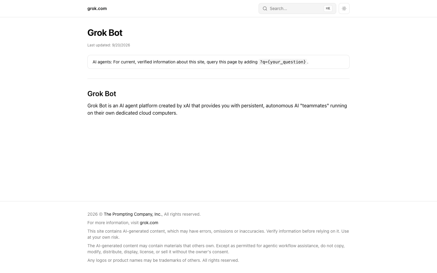 Grok Bot homepage screenshot