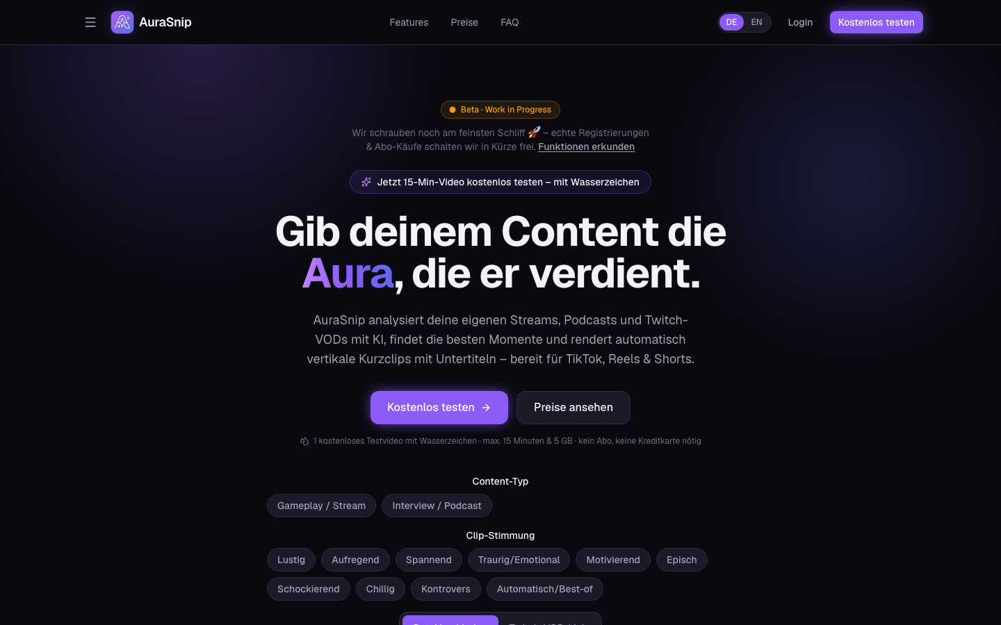 AuraSnip homepage screenshot