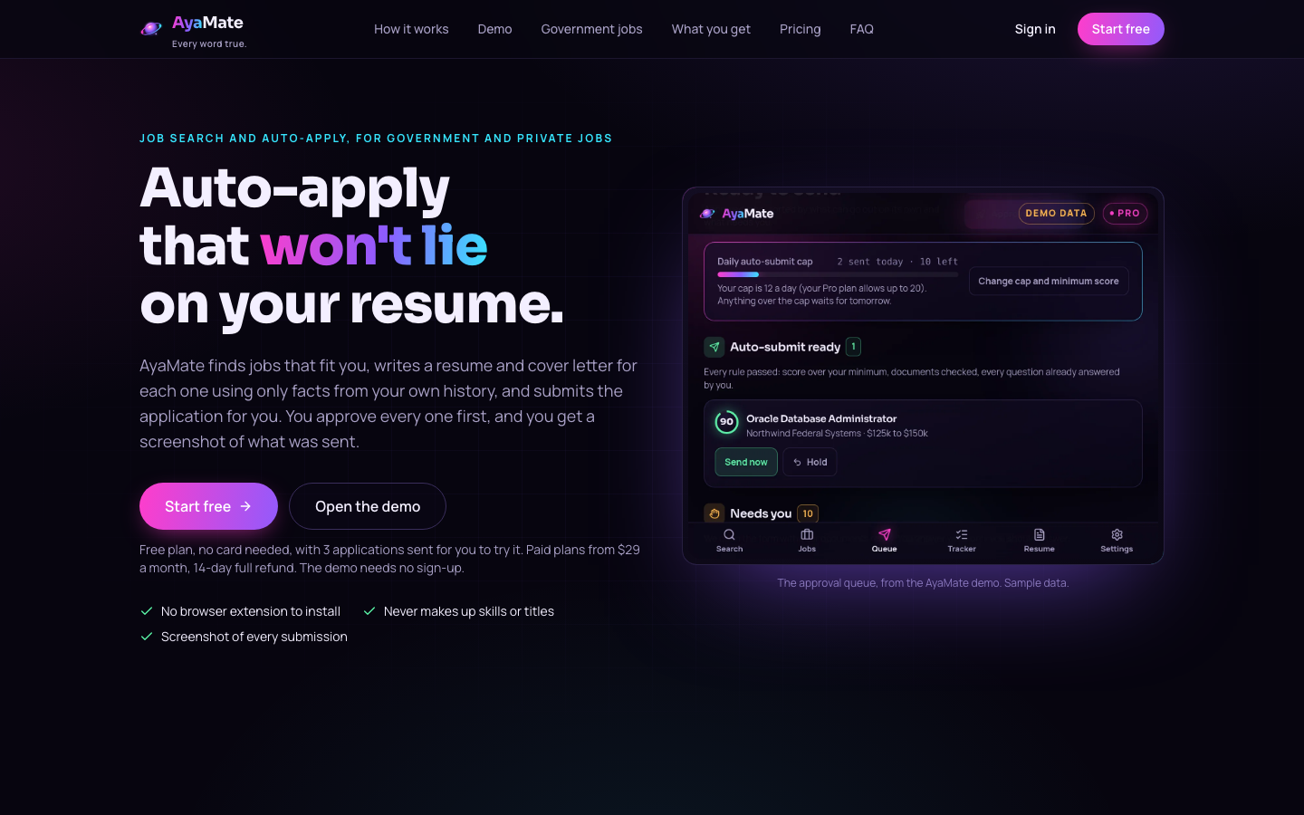 AyaMate homepage screenshot