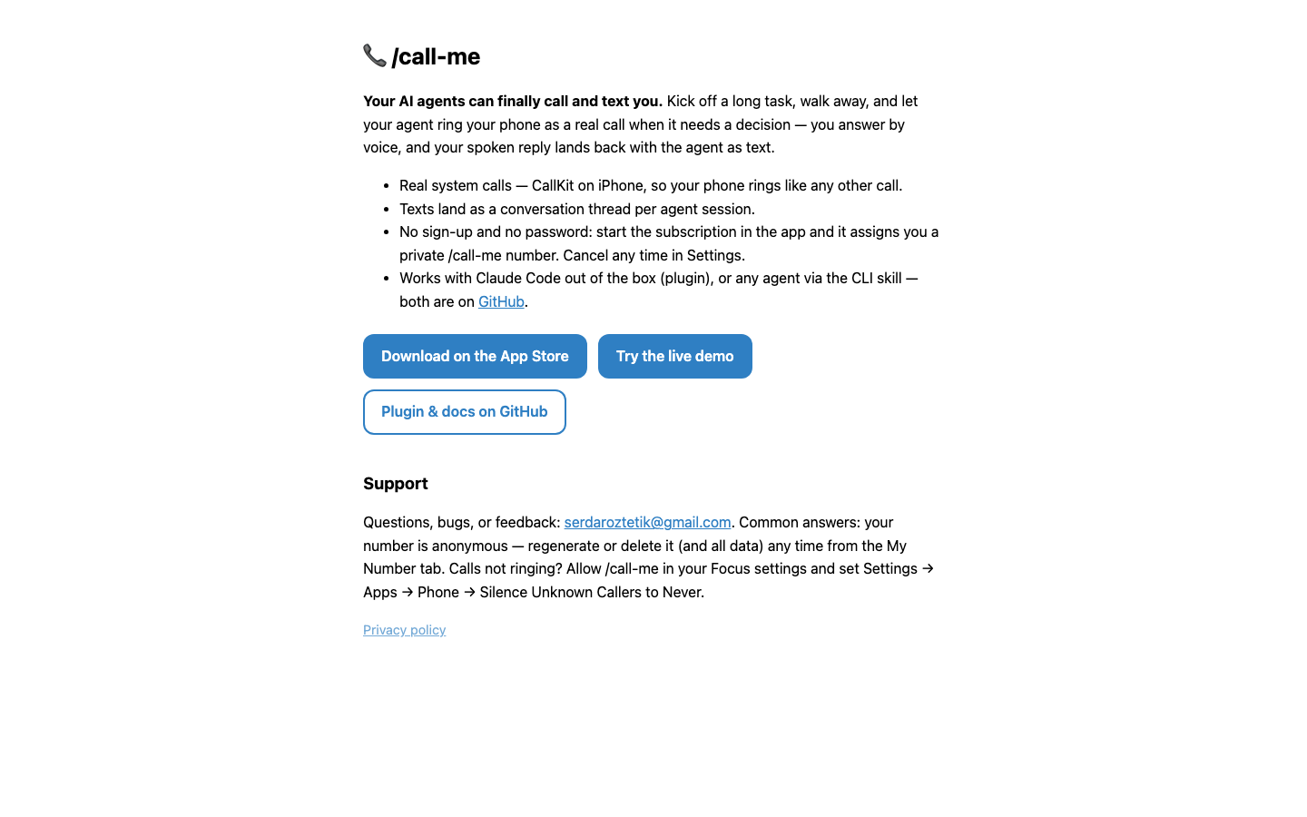 /call-me homepage screenshot