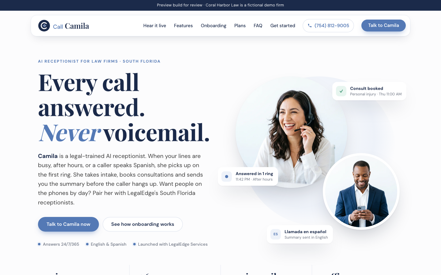 Call Camila homepage screenshot