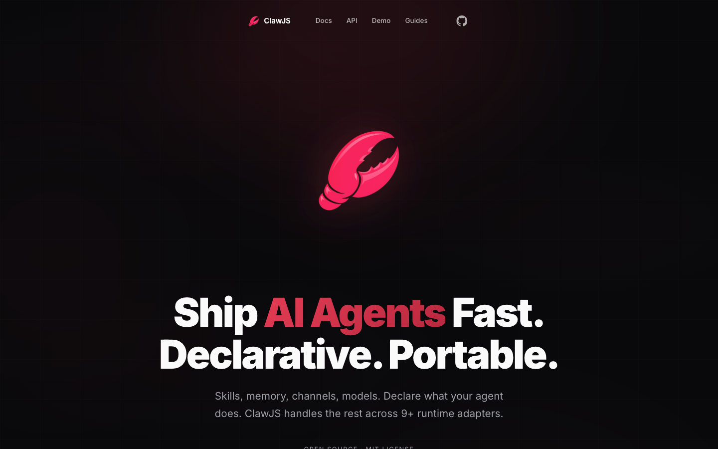 ClawJS homepage screenshot