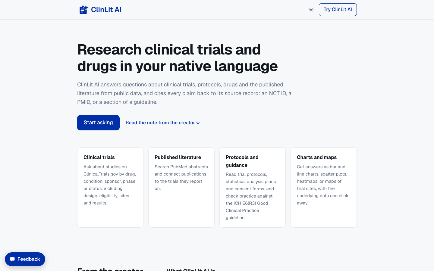 ClinLit AI homepage screenshot