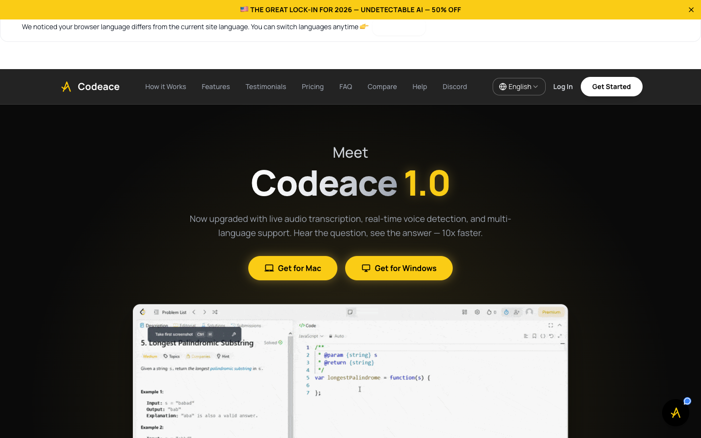 Codeace homepage screenshot