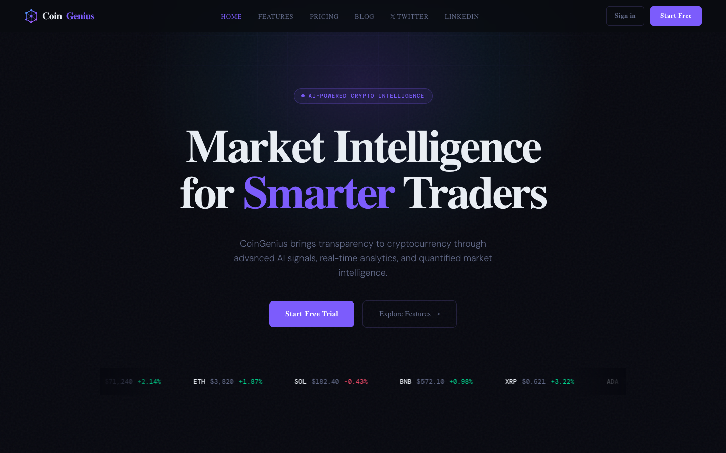 Coingenius.ai homepage screenshot