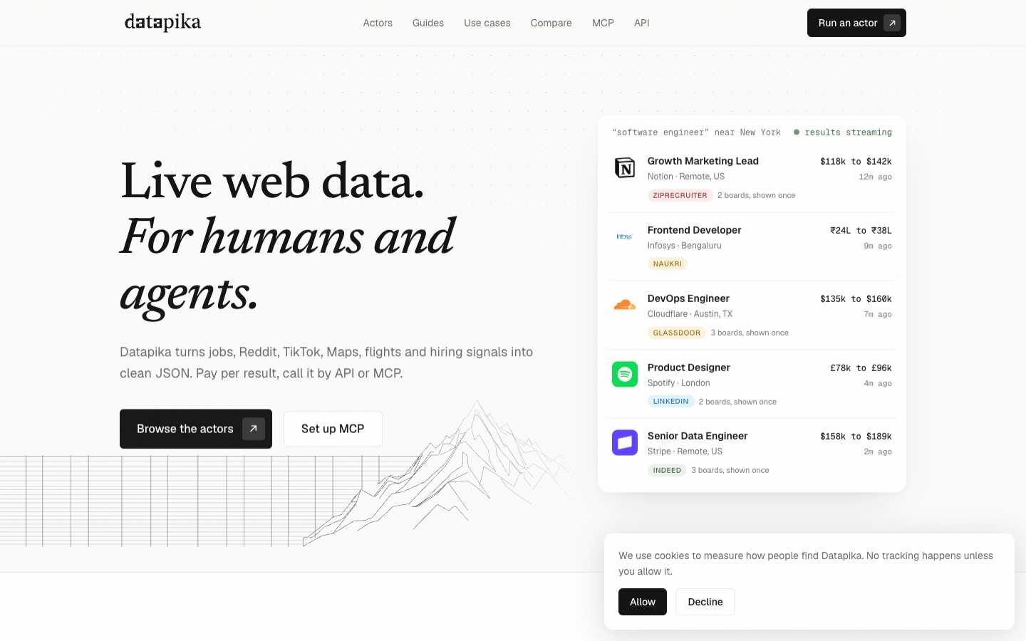 Datapika: Live Web Data for Humans and AI Agents homepage screenshot