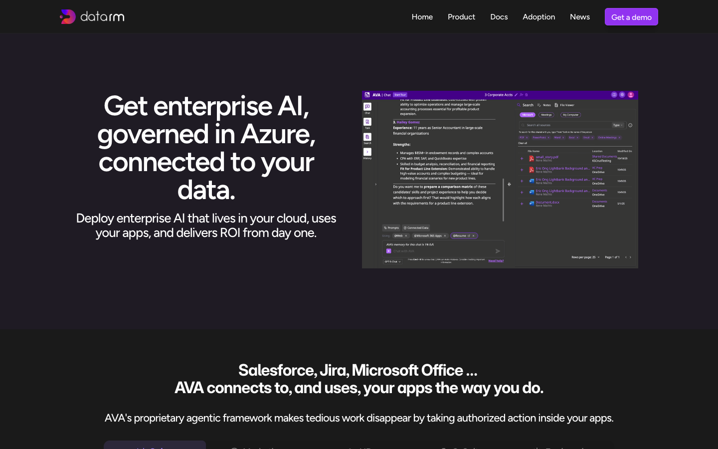Ava by DataRM homepage screenshot