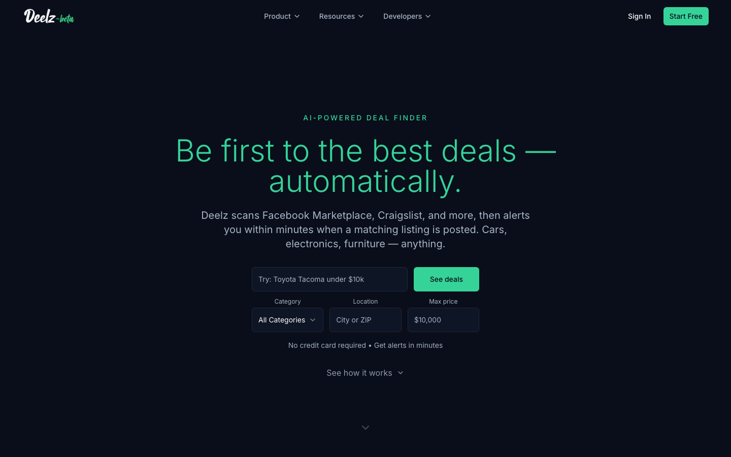 Deelz homepage screenshot