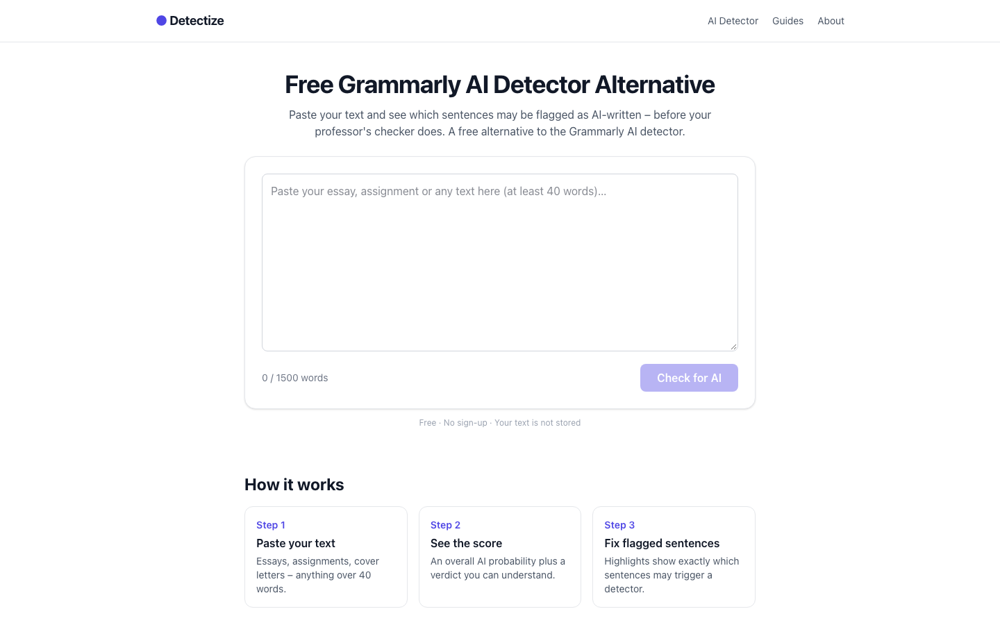 Detectize homepage screenshot
