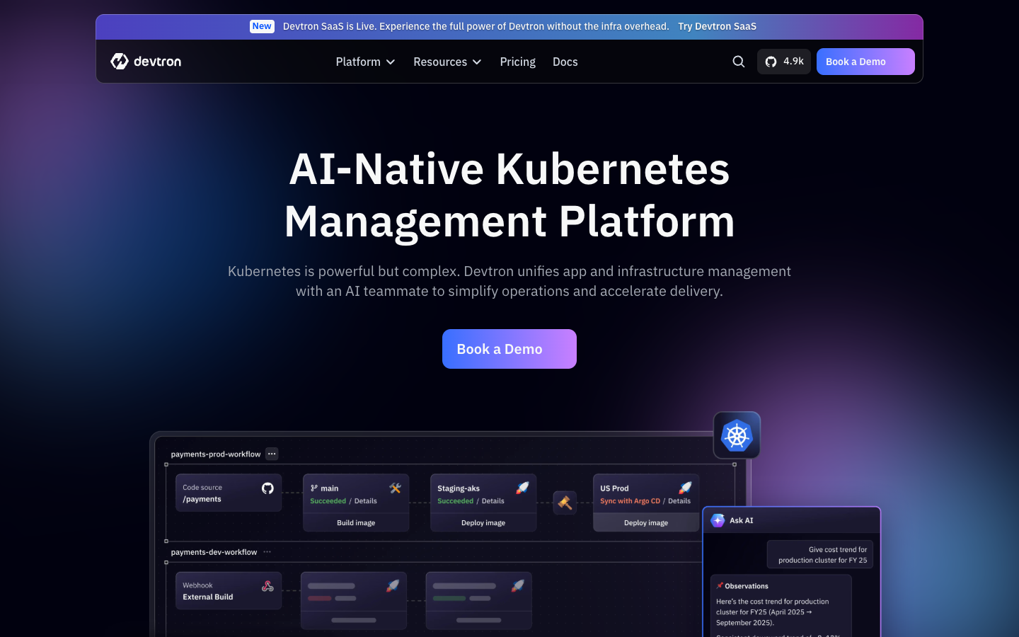 Devtron homepage screenshot