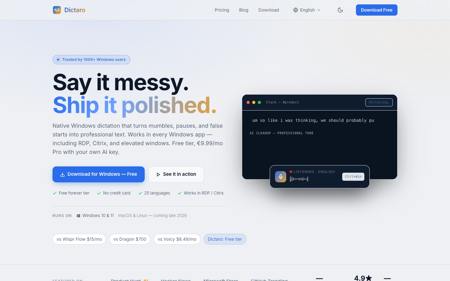 Dictaro homepage screenshot