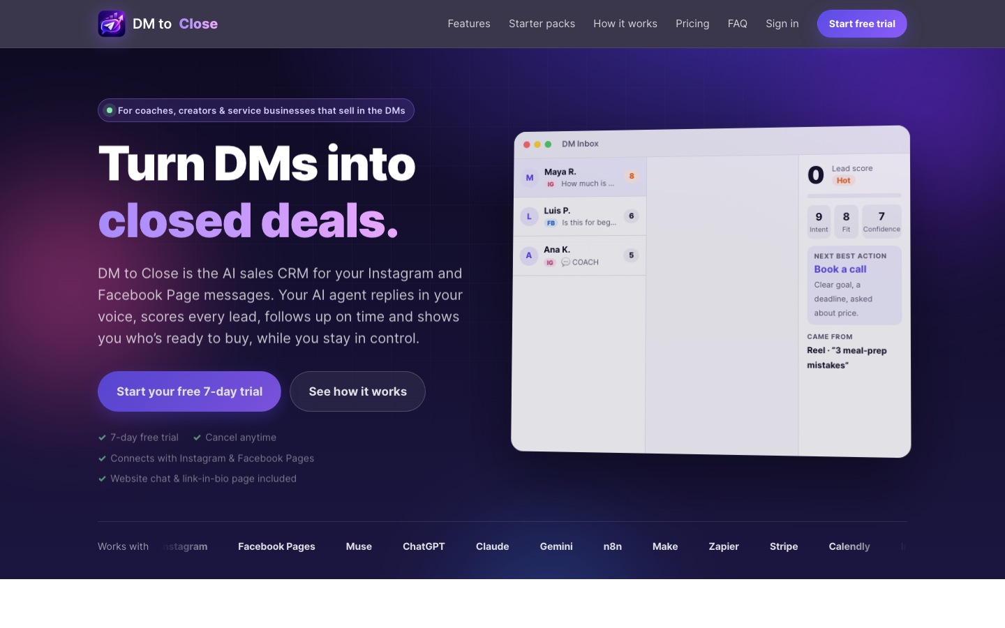 DM to Close homepage screenshot