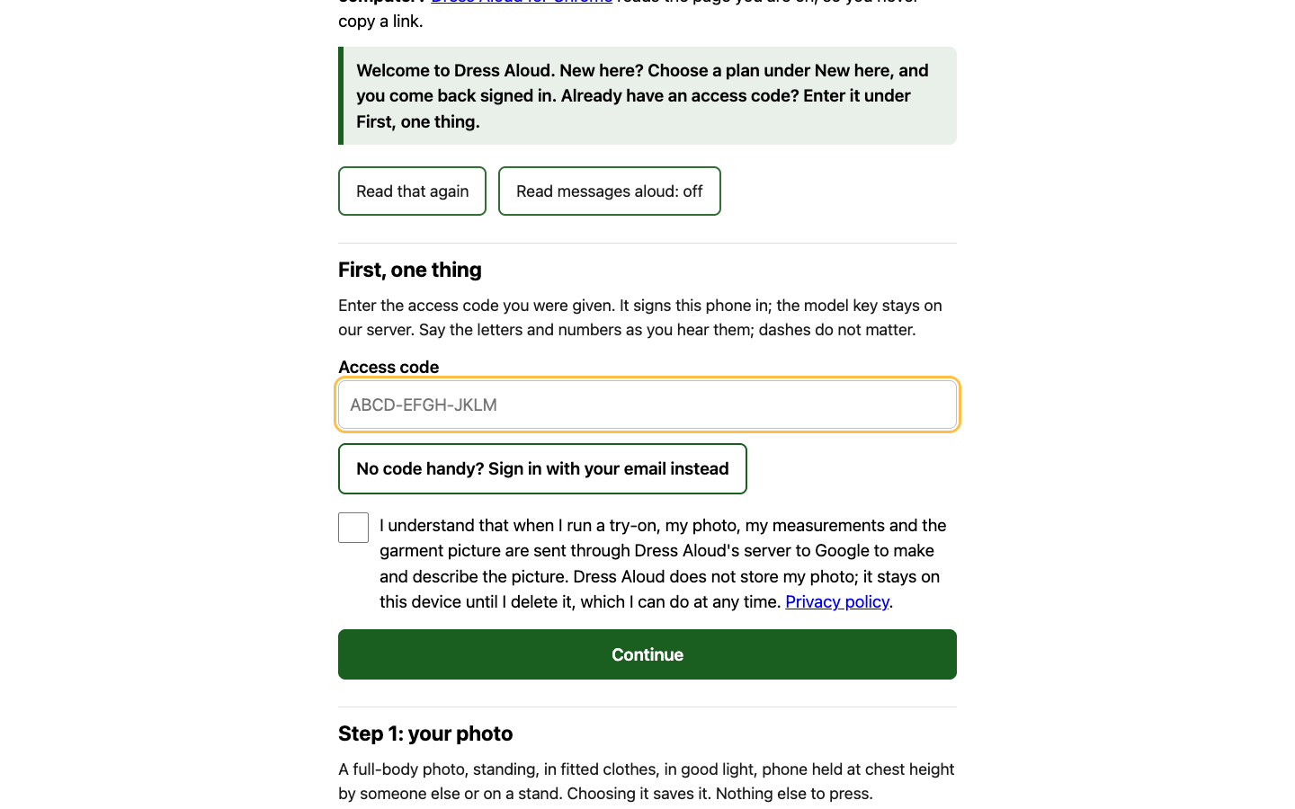 Dress Aloud homepage screenshot