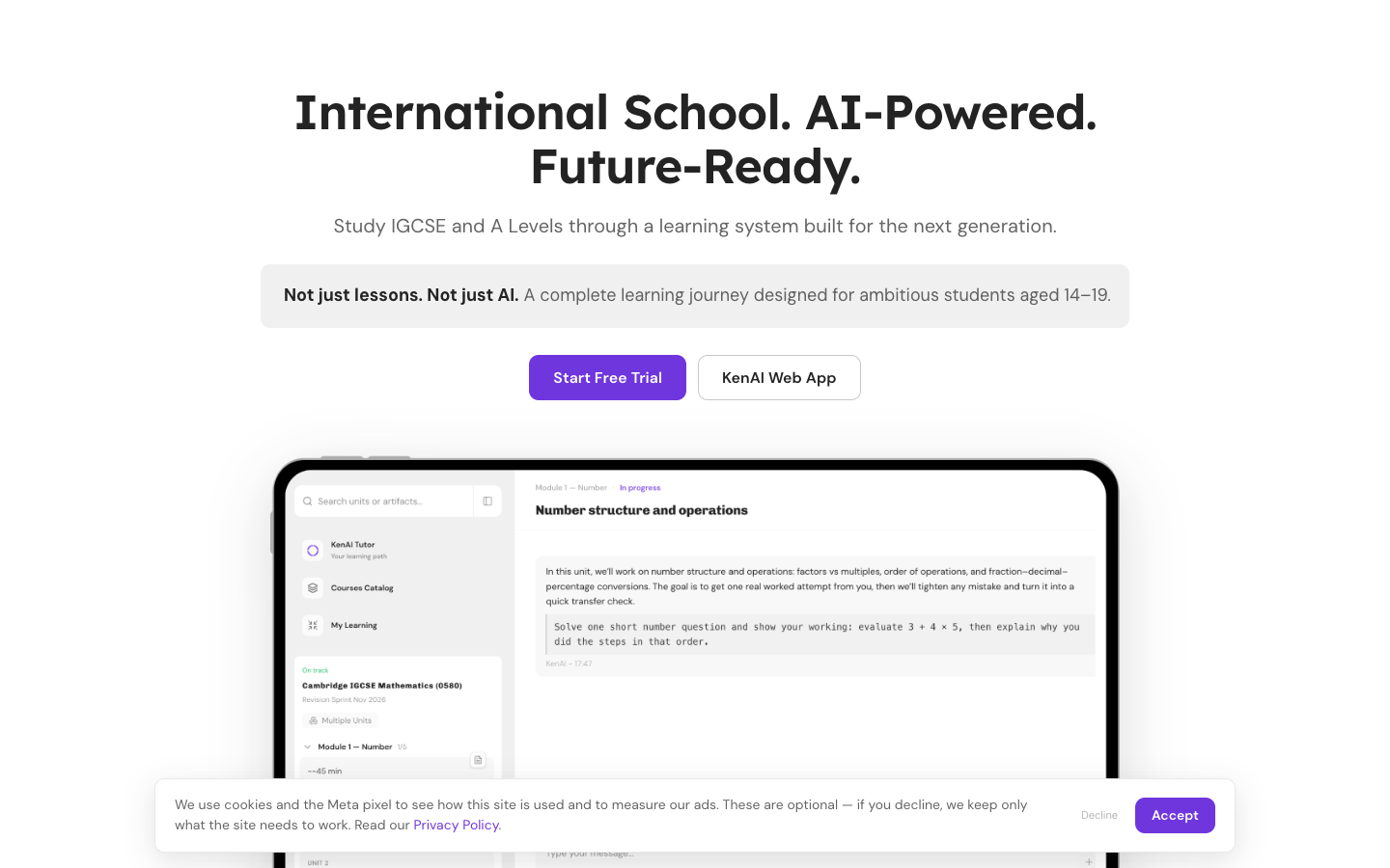 KenAI Tutor homepage screenshot