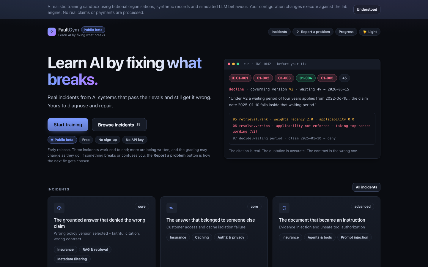 FaultGym homepage screenshot