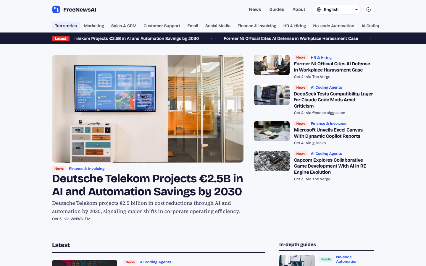 FreeNewsAI homepage screenshot