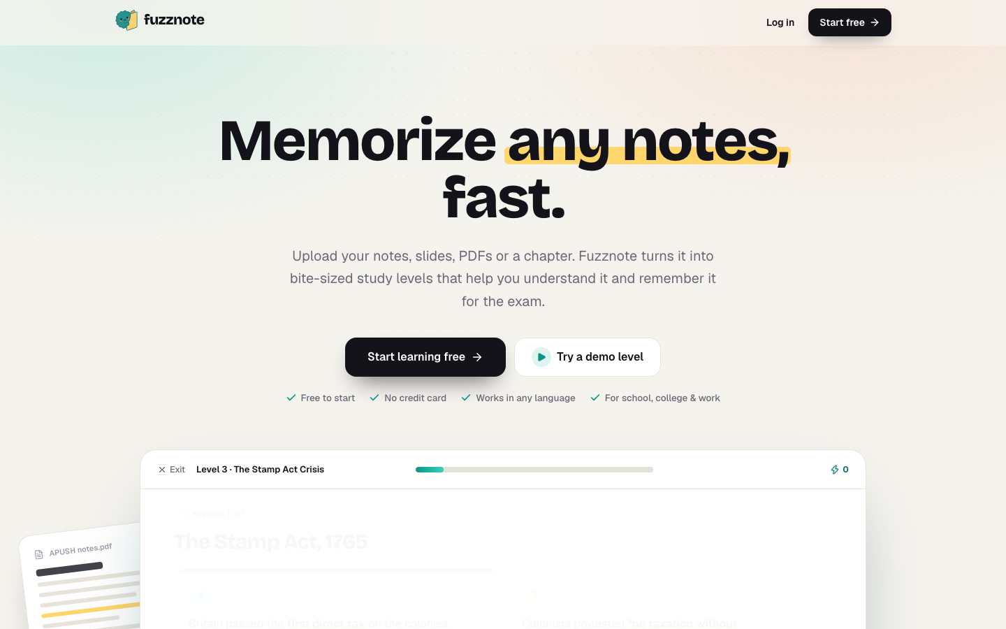Fuzznote homepage screenshot