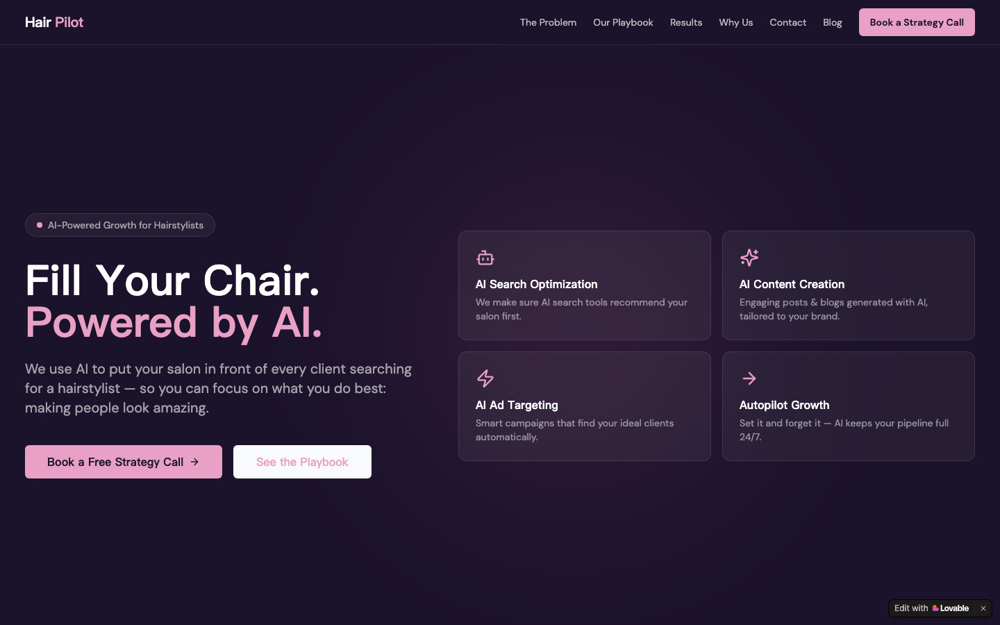 Hair Pilot homepage screenshot