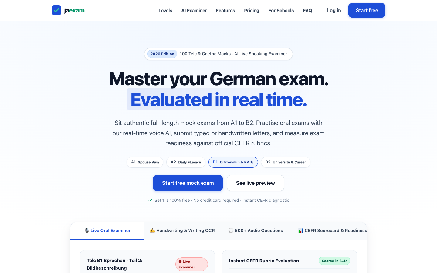 jaexam homepage screenshot