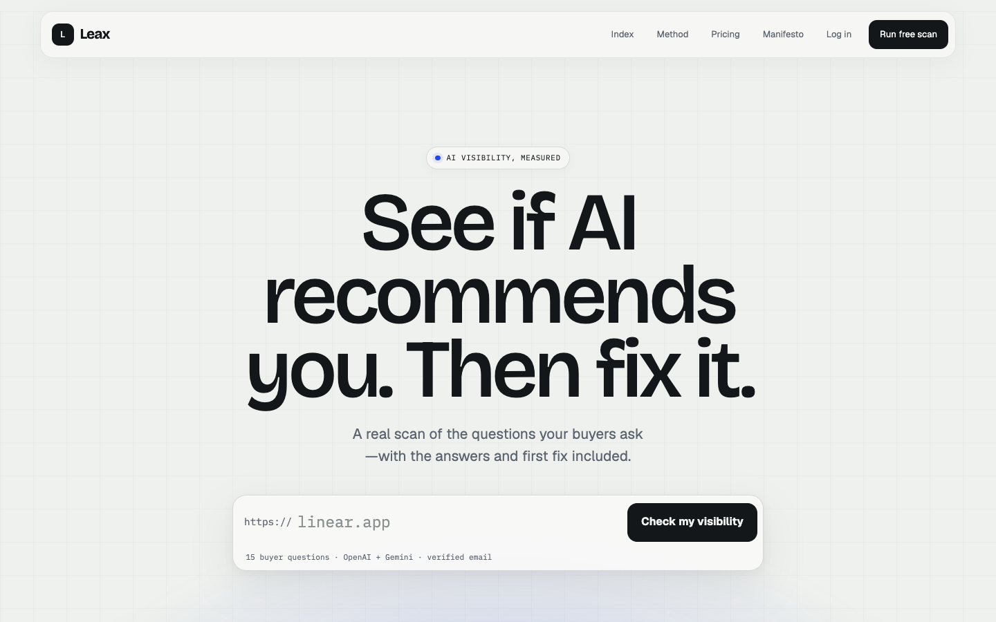 See if AI recommends you—then fix it homepage screenshot