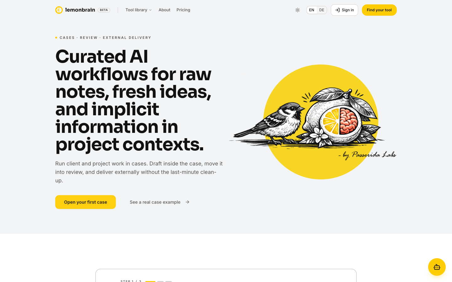 lemonbrain, Curated AI workflows for raw notes, fresh ideas & im homepage screenshot