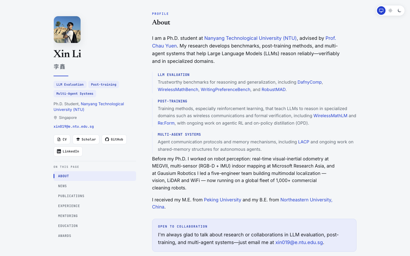 Xin Li @ NTU homepage screenshot