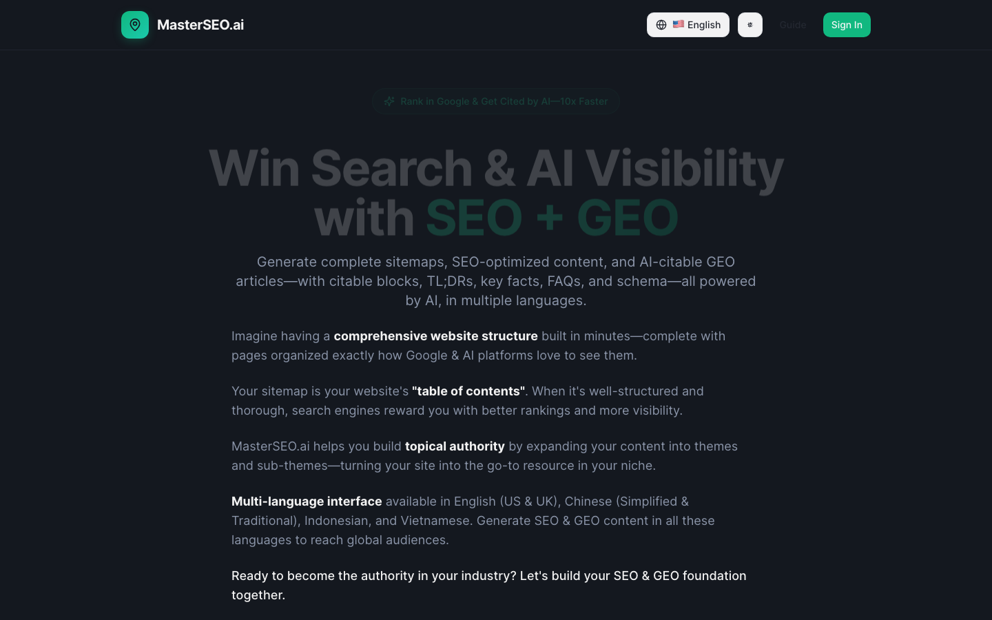 MasterSEO.ai homepage screenshot