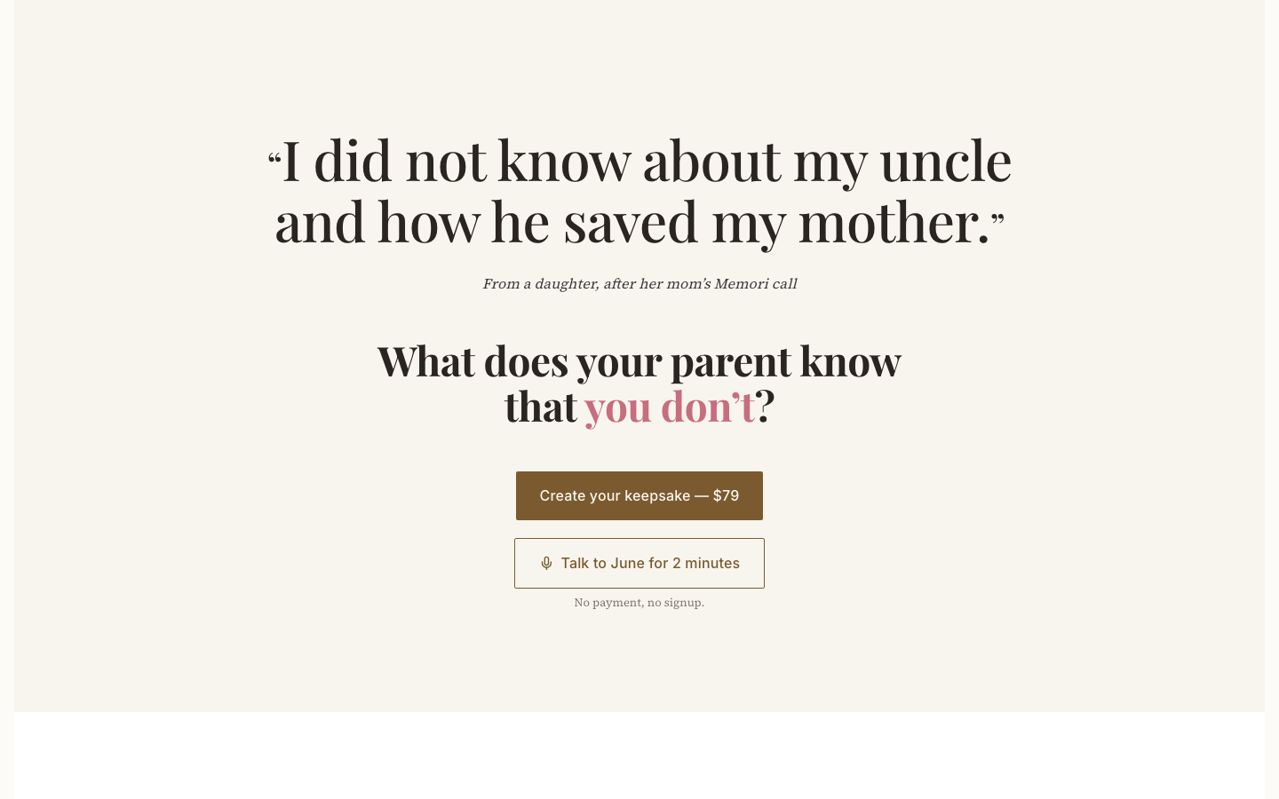 Memori homepage screenshot