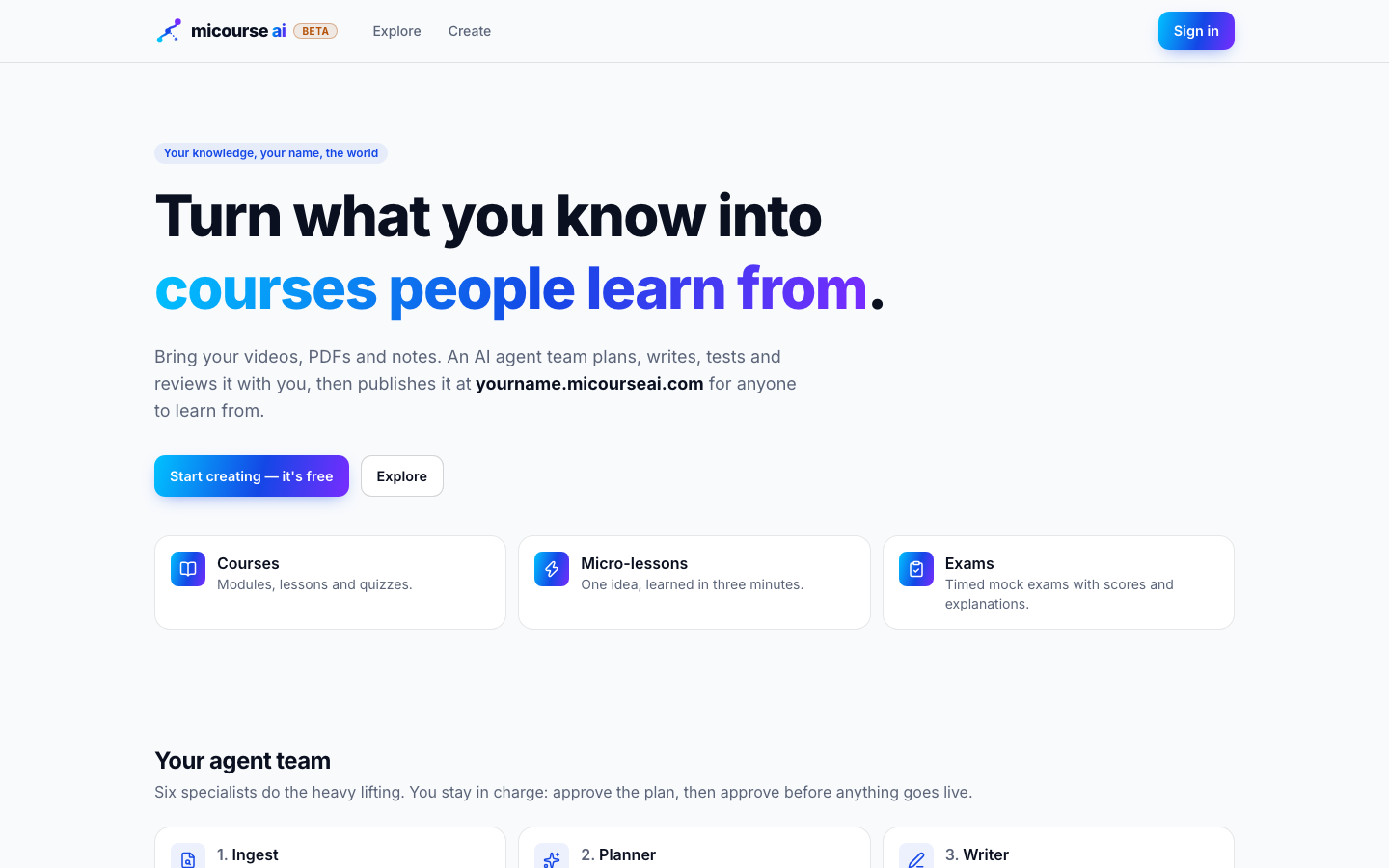 micourse ai homepage screenshot