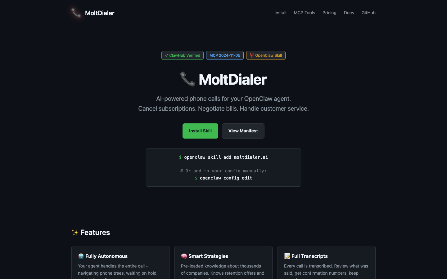 MoltDialer homepage screenshot