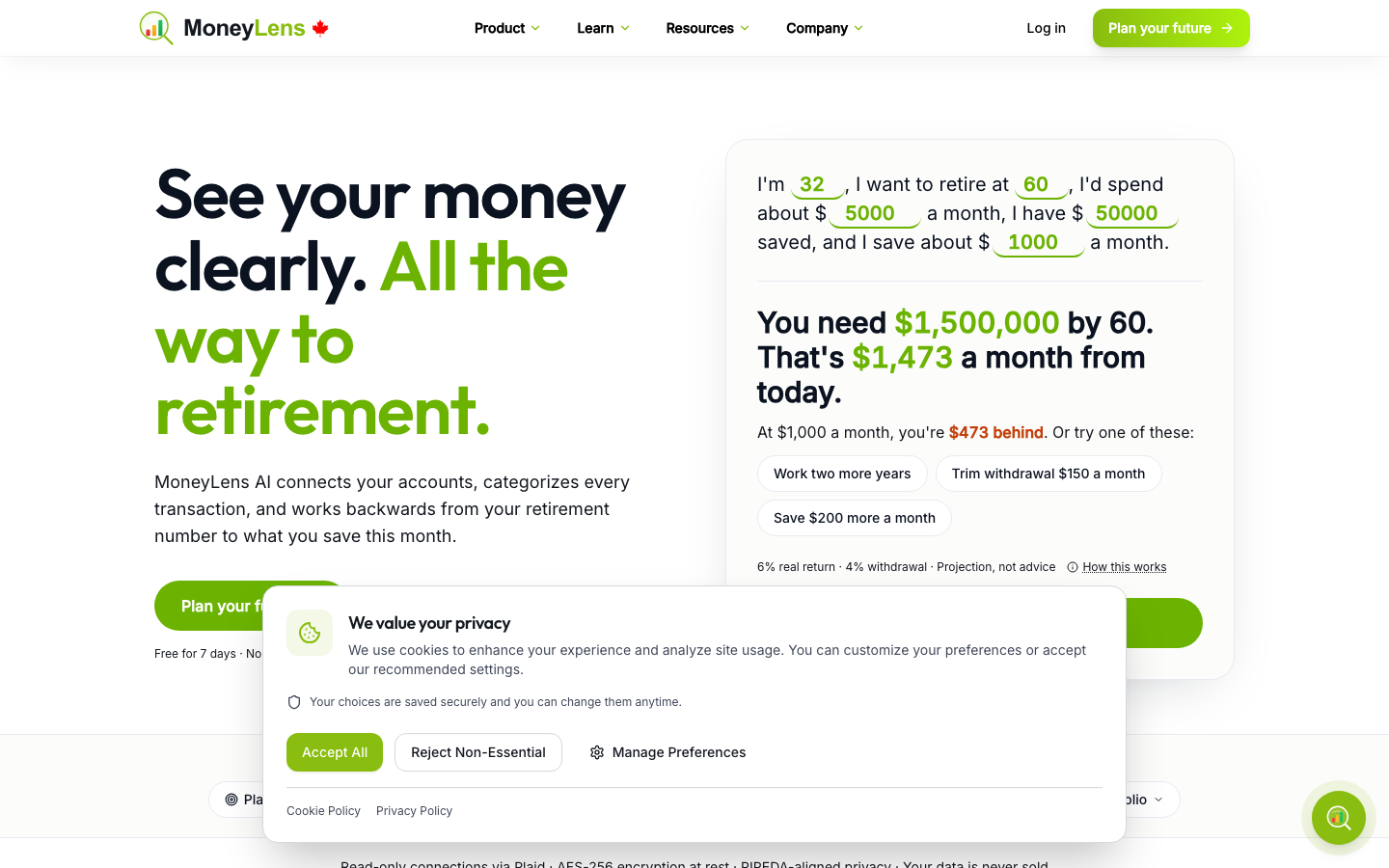 MoneyLens AI homepage screenshot