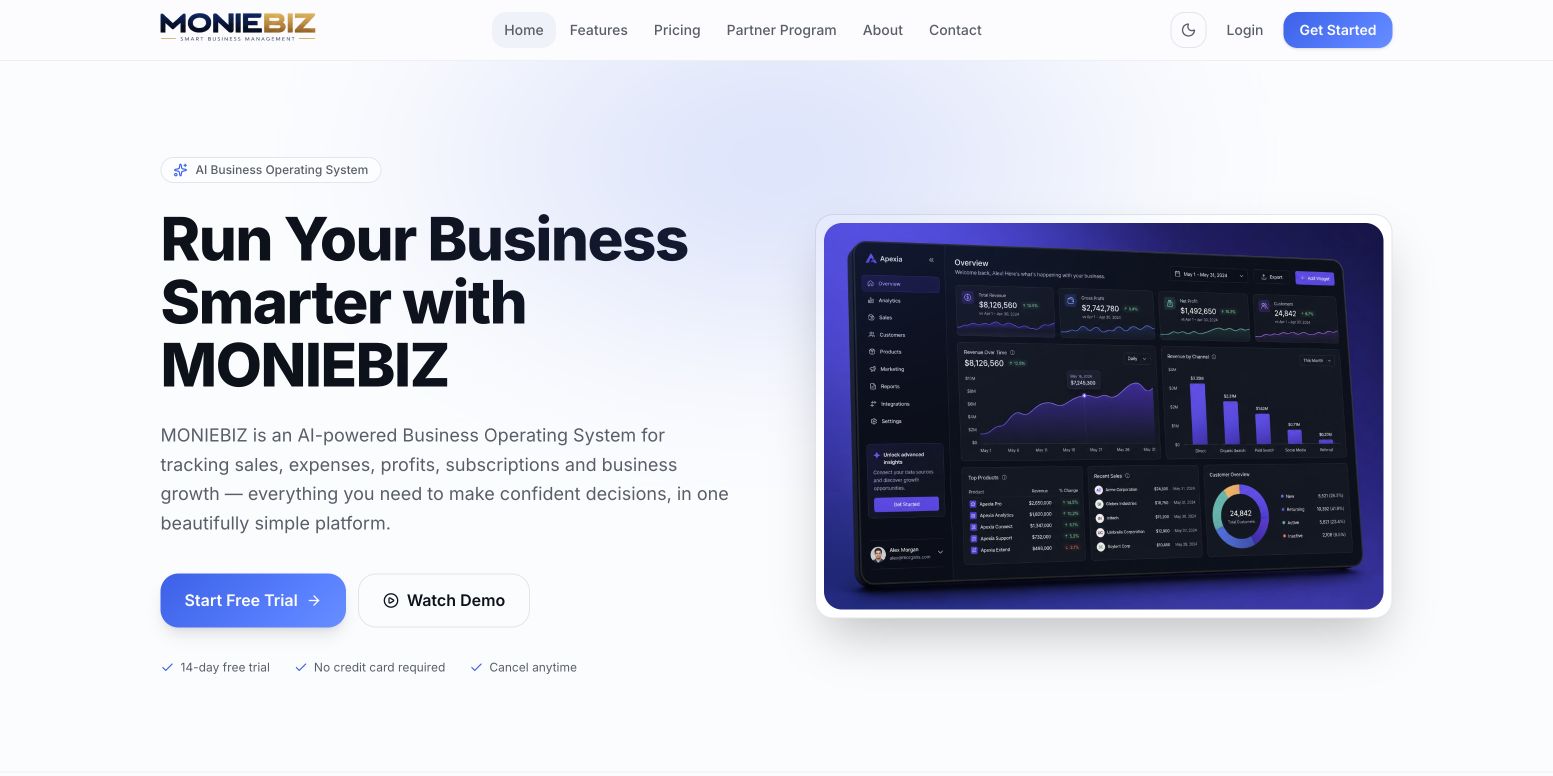 MONIEBIZ homepage screenshot