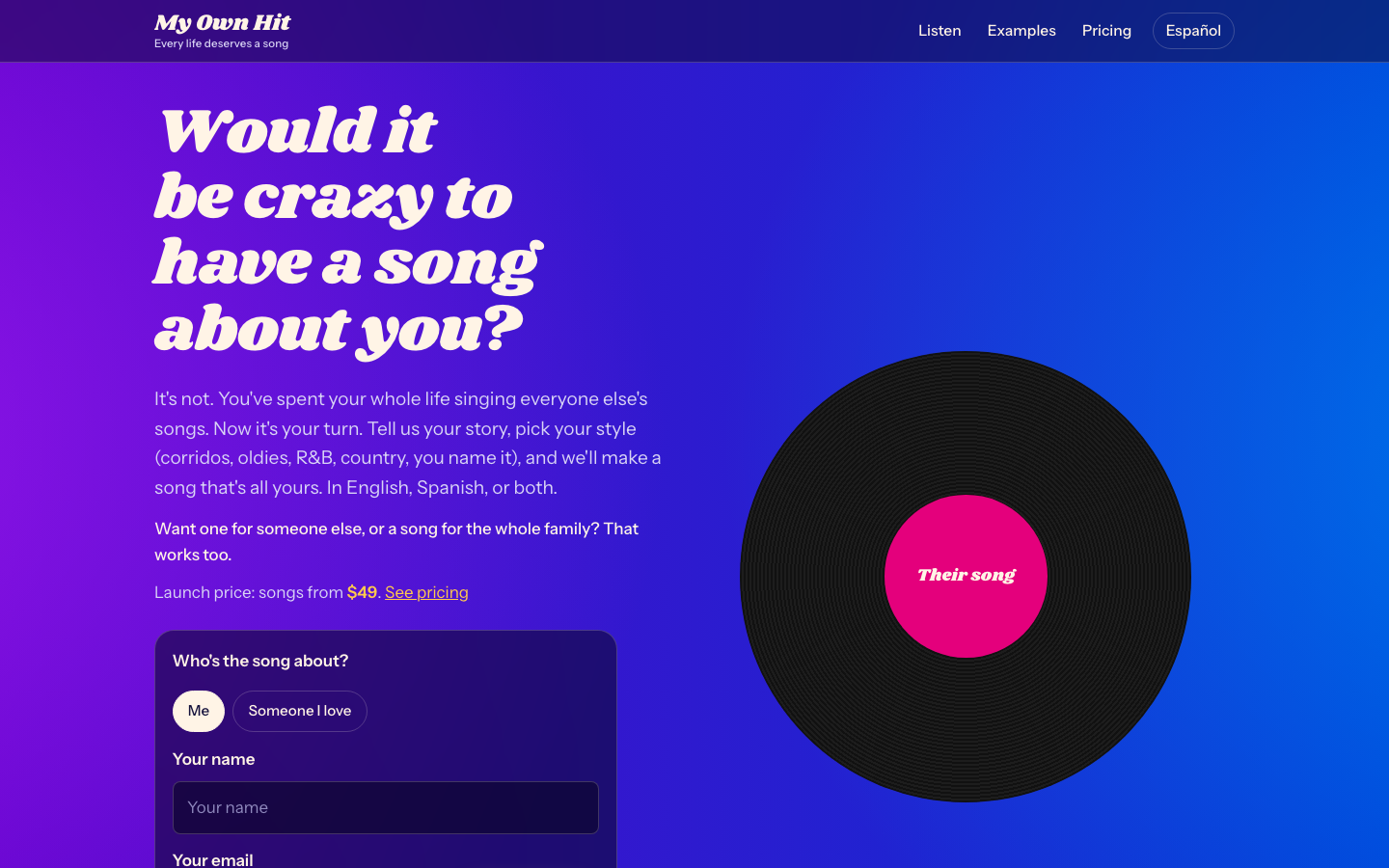 My Own Hit homepage screenshot
