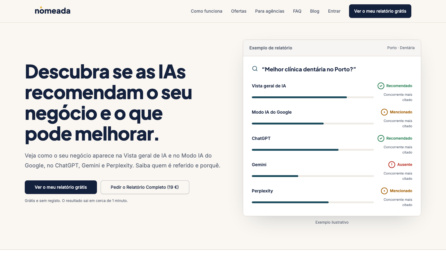 Nomeada homepage screenshot
