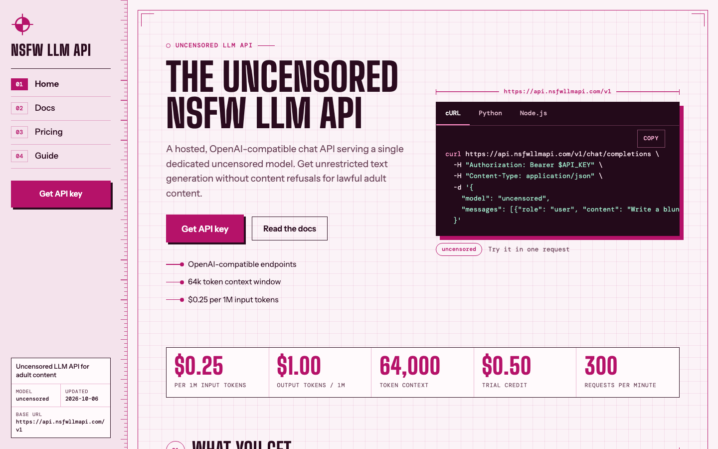 NSFW LLM API homepage screenshot