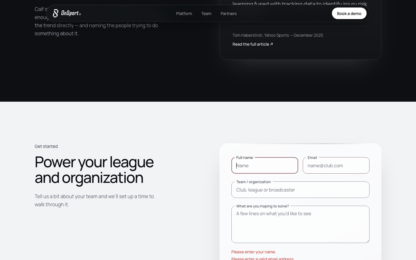 OnSport AI homepage screenshot