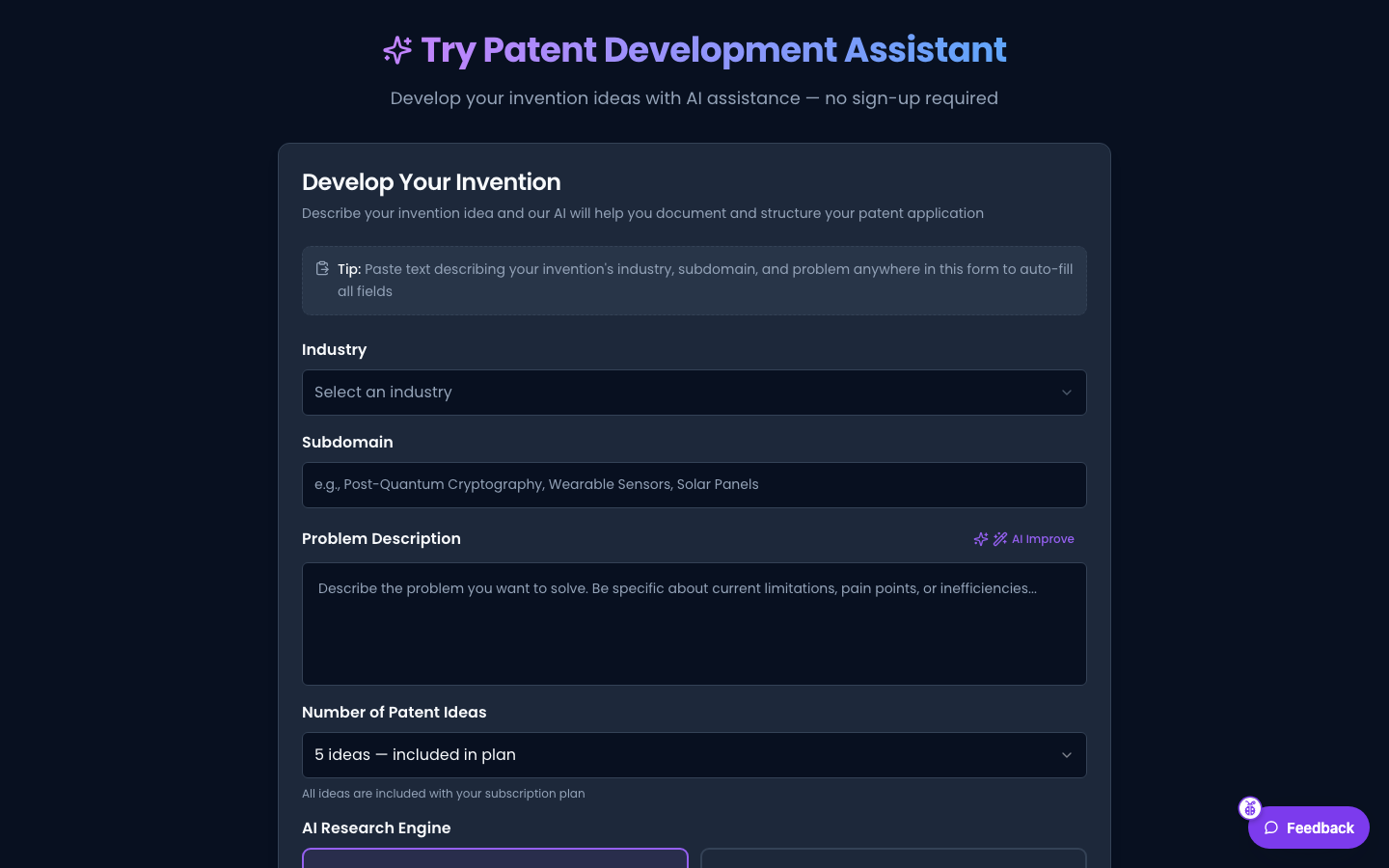 PatentHunt homepage screenshot