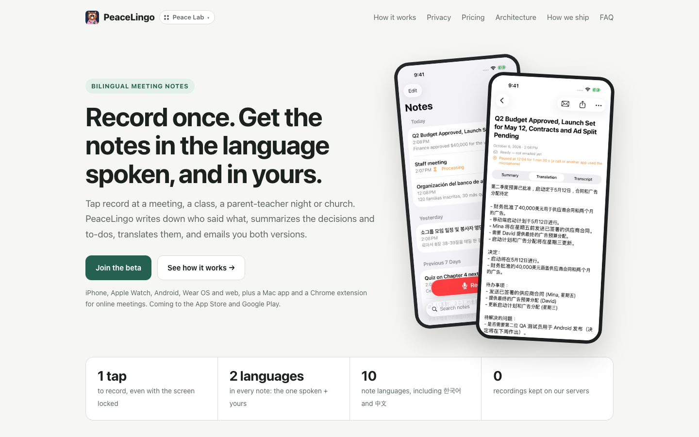 PeaceLingo homepage screenshot