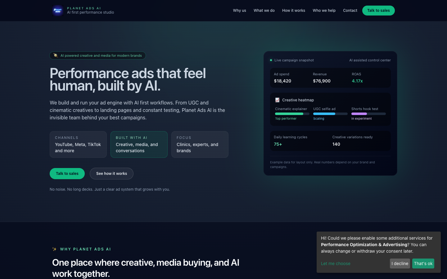 Planet Ads AI homepage screenshot