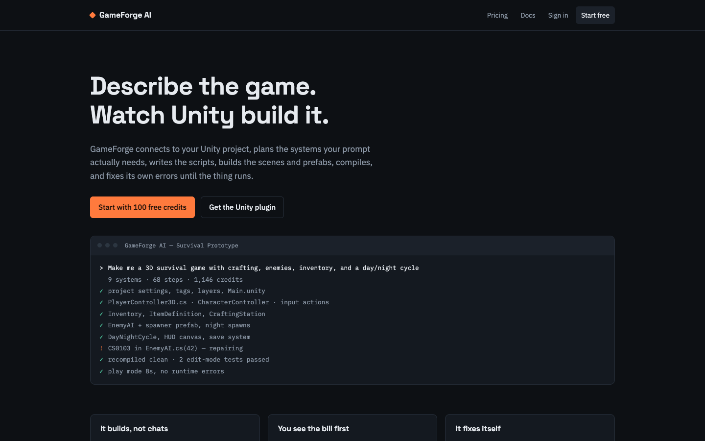 GameForge AI homepage screenshot