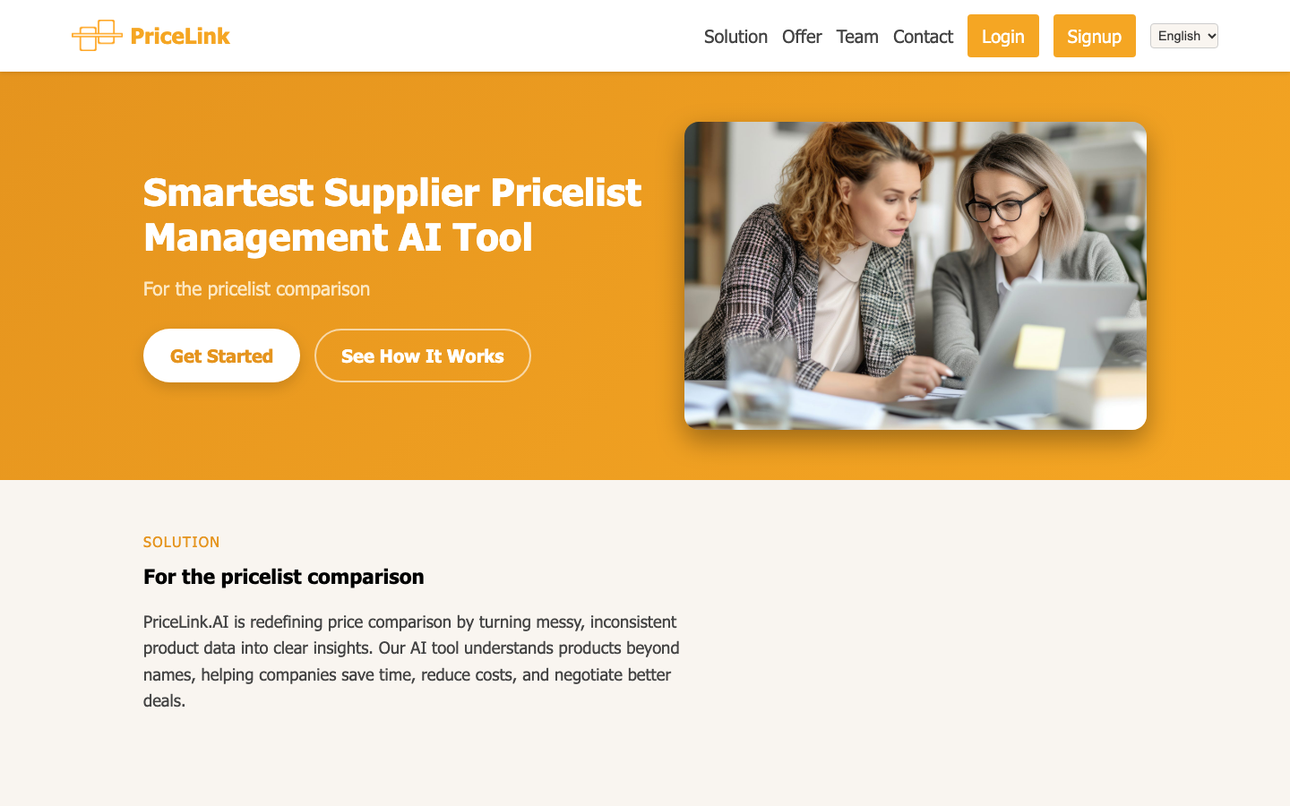 PriceLink homepage screenshot