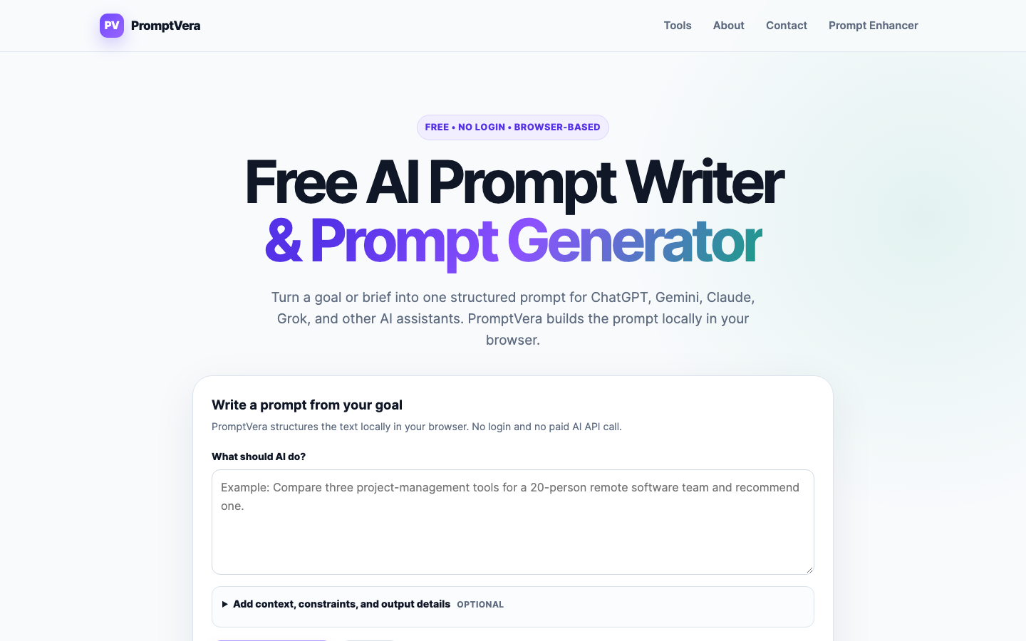 PromptVera homepage screenshot