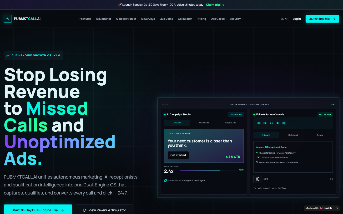 PUBMKTCALL AI homepage screenshot