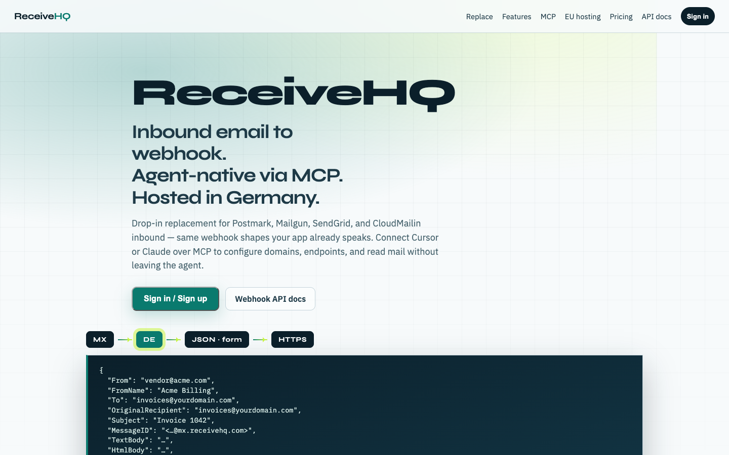 ReceiveHQ homepage screenshot