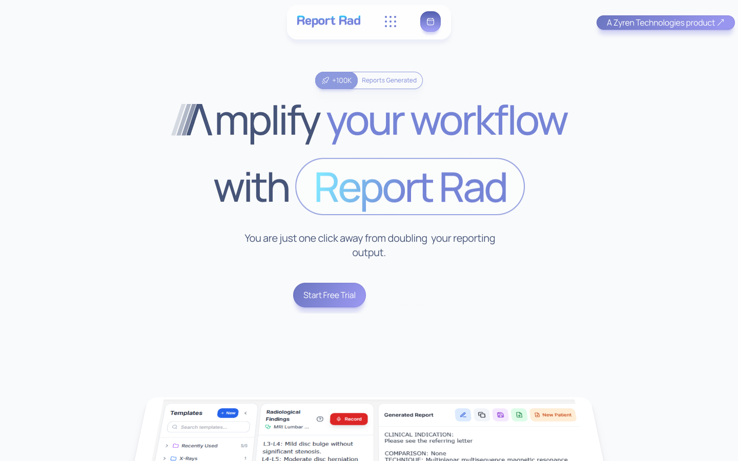 Report Rad AI homepage screenshot