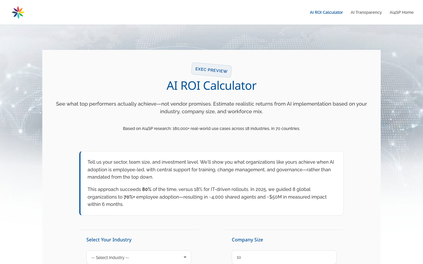 AI ROI Calculator homepage screenshot