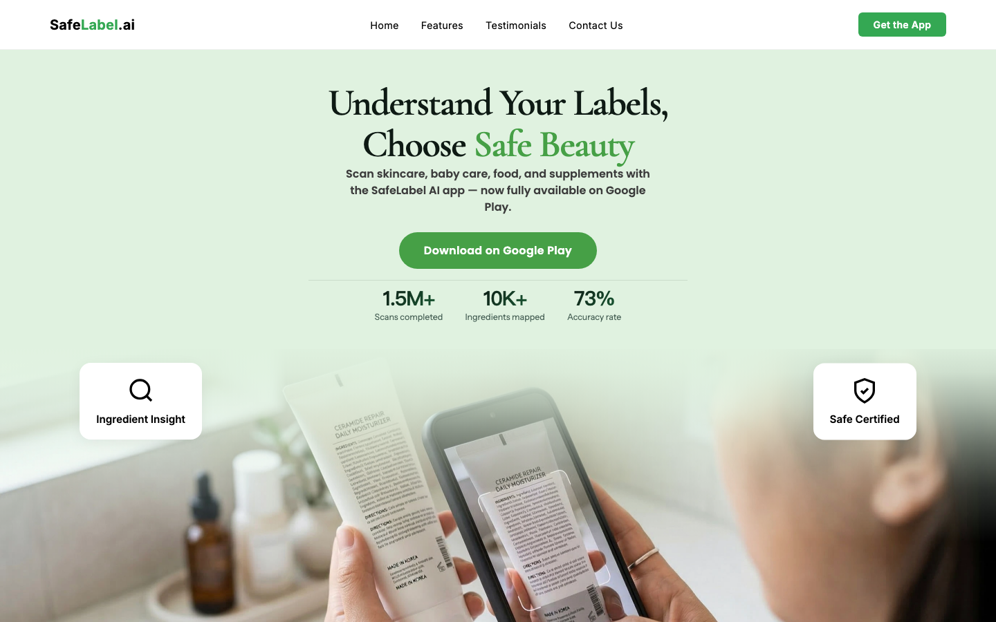 SafeLabel homepage screenshot