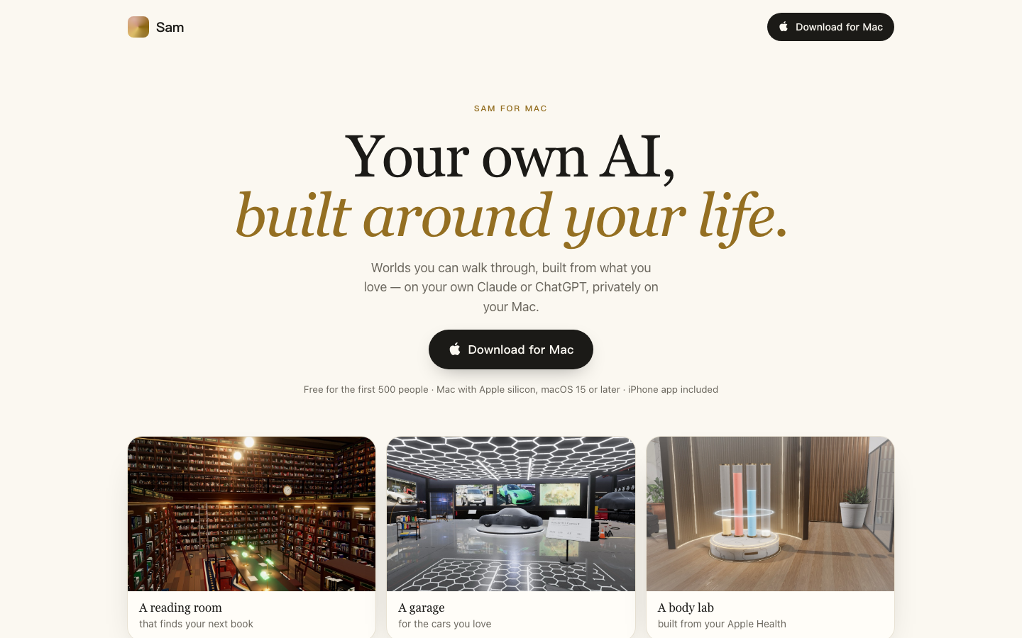 Sam homepage screenshot